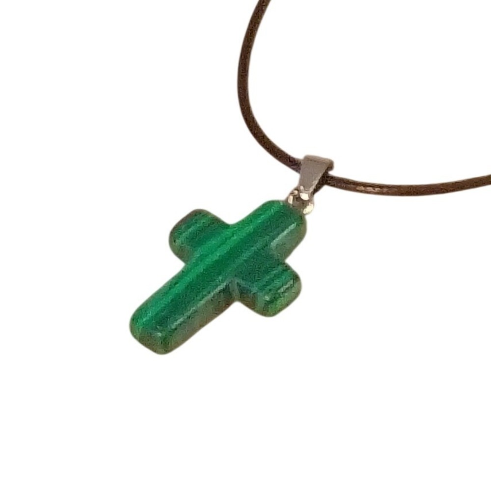 Green Malachite Style Cross‎ Pendant Necklace Black Cord Adjustable Clasp